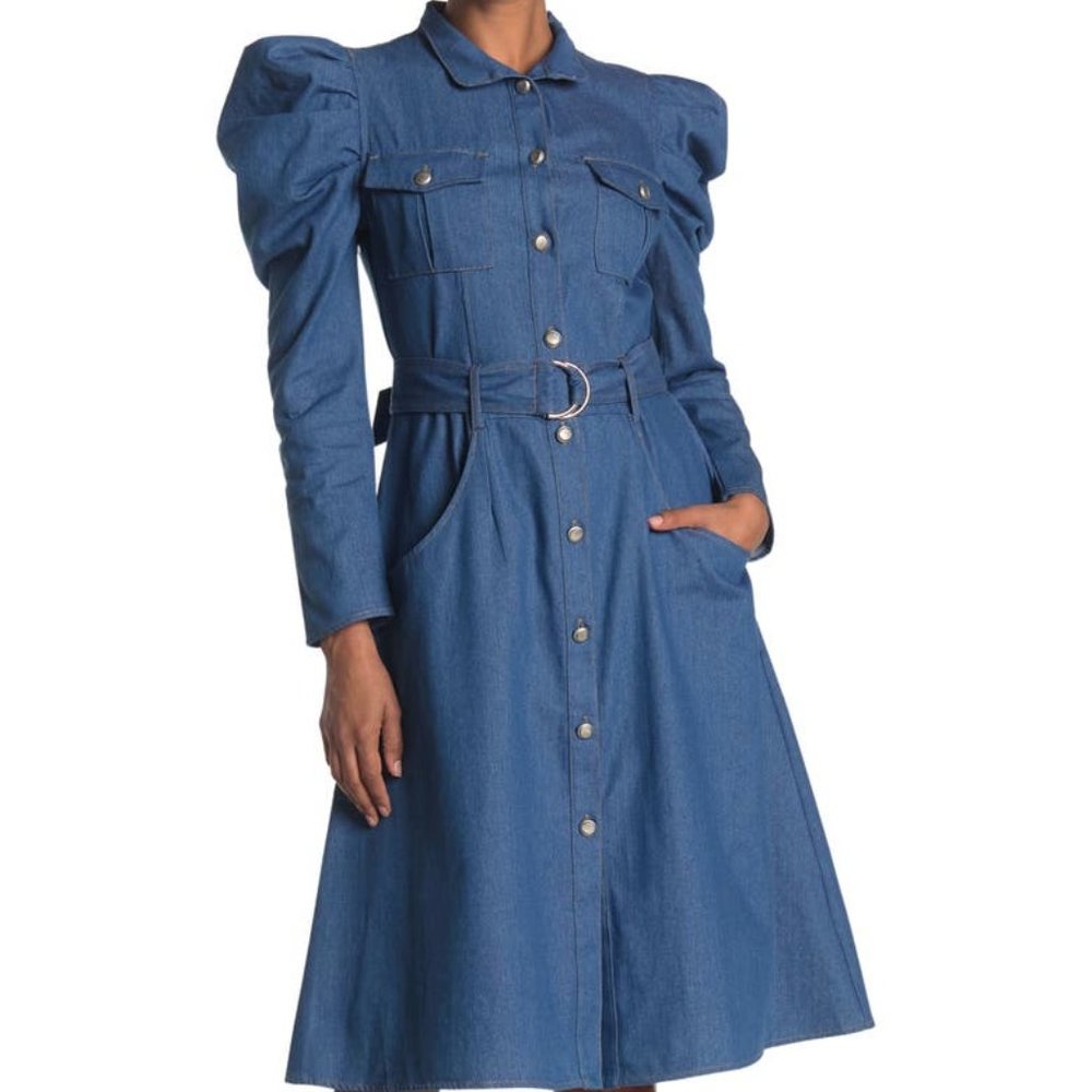 Denim Midi Shirt Dress with Puff Sleeves and Belt